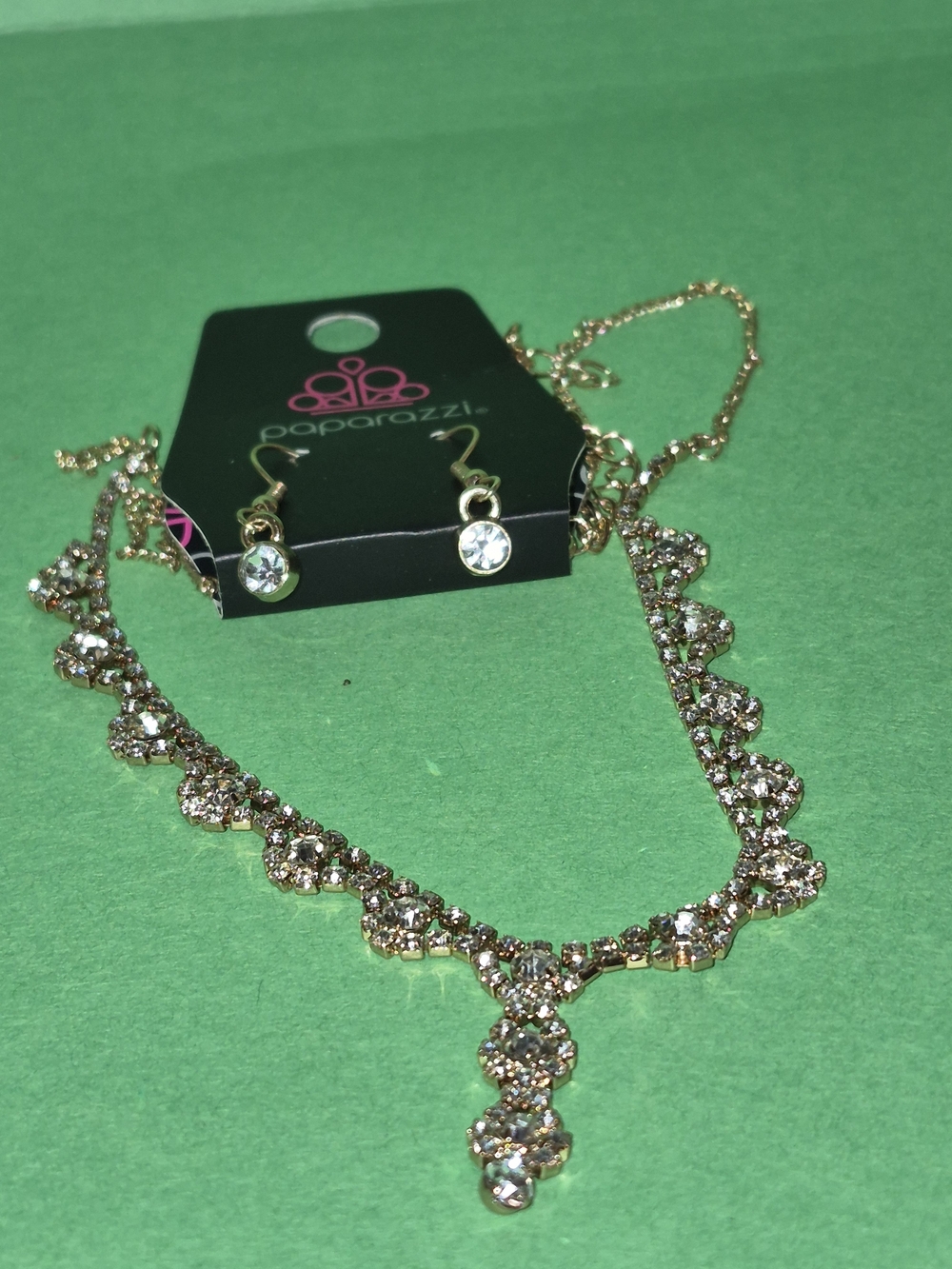 paparazzi Gold Crystal Pendant Necklace and Earrings Set